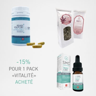 Le pack CBD Vitalité avec 2 infusions CBD, 1 huile CBD 10%, et une boite gélule CBD