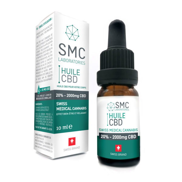 Flacon d'huile CBD 20 % - 2000 mg de CBD - Swiss Medical Cannabis (SMC Laboratories), 10 ml.