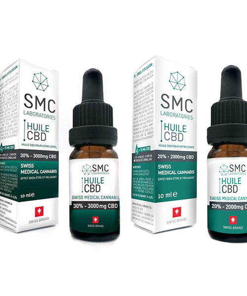 Side-by-side bottles of SMC Laboratories' 20% and 30% CBD oil, illustrating two levels of concentration for natural well-being.