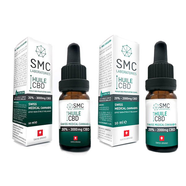 Flacons d’huile CBD 20 % et 30 % de SMC Laboratories posés côte à côte, illustrant deux niveaux de concentration pour le bien-être naturel