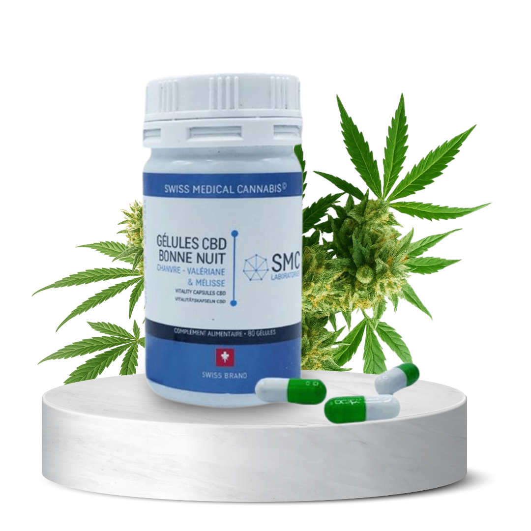 Pot de gélules “Bonne Nuit” SMC à base de chanvre, valériane et mélisse – complément alimentaire pour le sommeil.