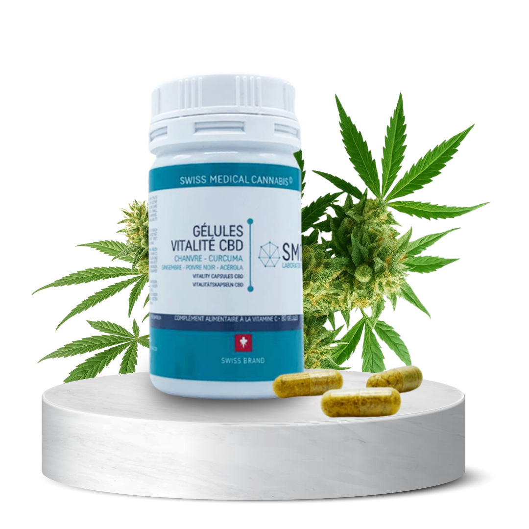 Flacon de gélules “Vitalité” SMC enrichies en CBD, ginseng et guarana – complément naturel pour l’énergie.