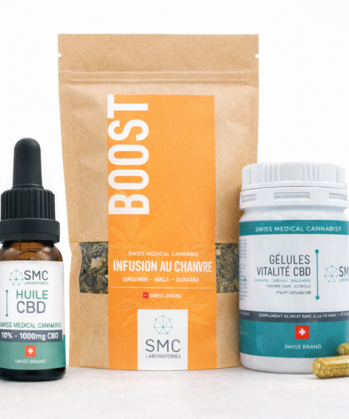Pack CBD Motivation &amp; Concentration SMC avec huile CBD 10%, infusion Boost et gélules Vitalité CBD