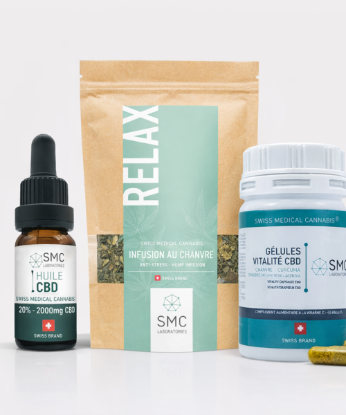Pack CBD Stress Anxiété Dépression SMC avec huile Full Spectrum 20%, infusion Relax et gélules Vitalité CBD