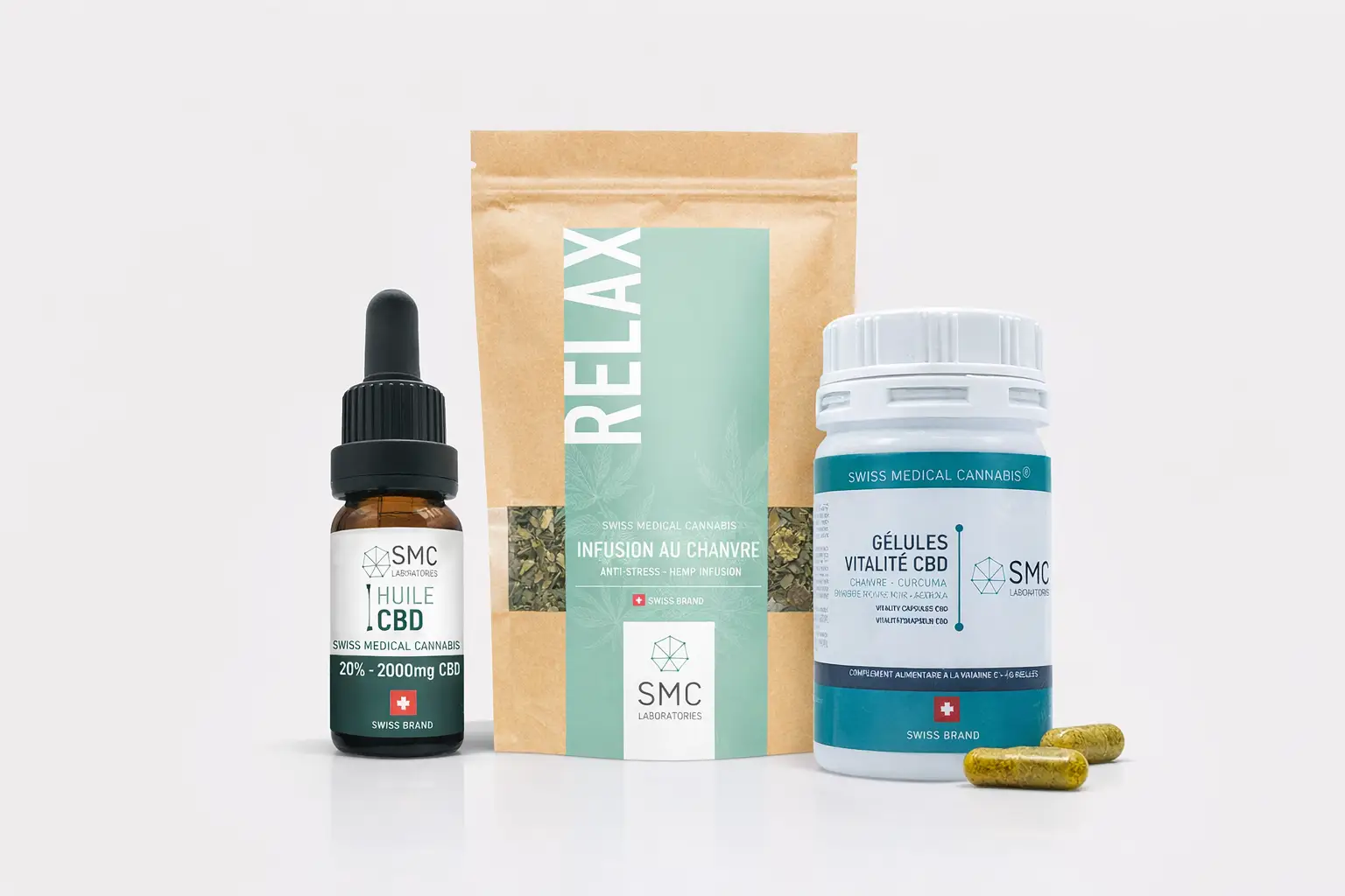 Pack CBD Stress Anxiété Dépression SMC avec huile Full Spectrum 20%, infusion Relax et gélules Vitalité CBD