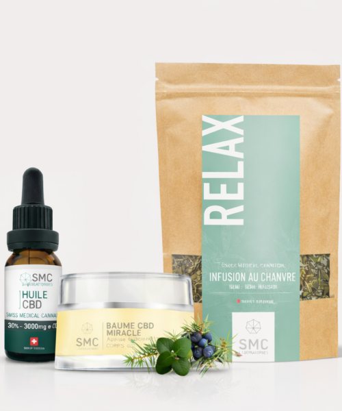 Pack CBD douleurs SMC avec huile Full Spectrum 30%, baume miracle et infusion Relax